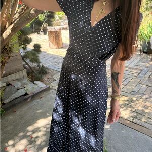 Jenni Kayne Polka Dot Midi Dress Navy Silk Blend V-Neck Size S fits US size 4-6